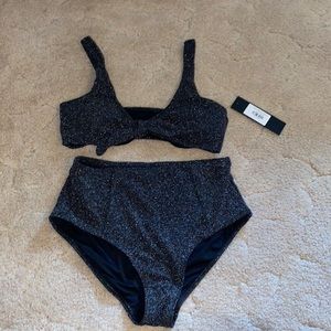 Large Bathing suit set black sparkle two piece high waist full coverage